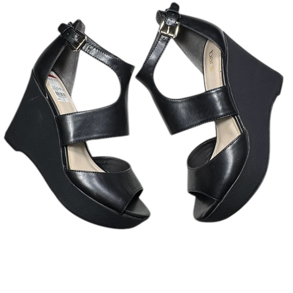 Bar III Sophie Black Faux Leather Open Toe Wedge Platform Sandal Size 9